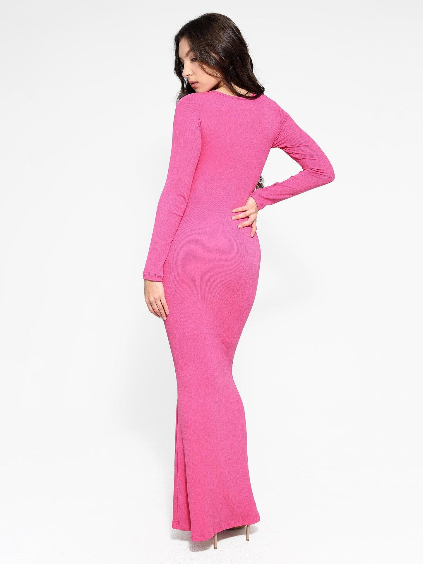 Build In Bra And Shapewear One Piece Full sleeves Long Dress(Pink)