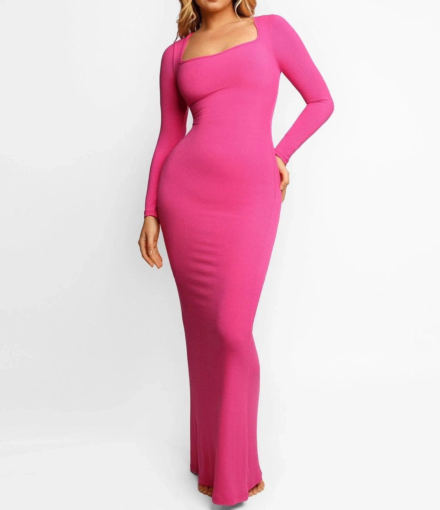Build In Bra And Shapewear One Piece Full sleeves Long Dress(Pink)