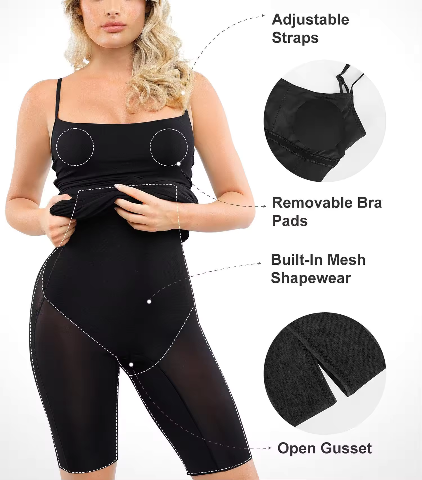Built In Bra and Shapewear Black One Piece Short Dress (Black)