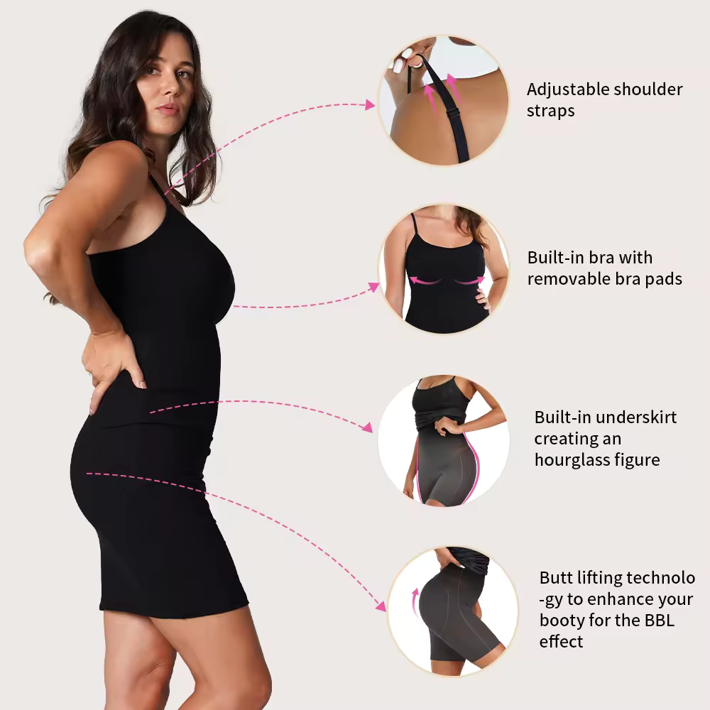 Built In Bra and Shapewear Black One Piece Short Dress (Black)