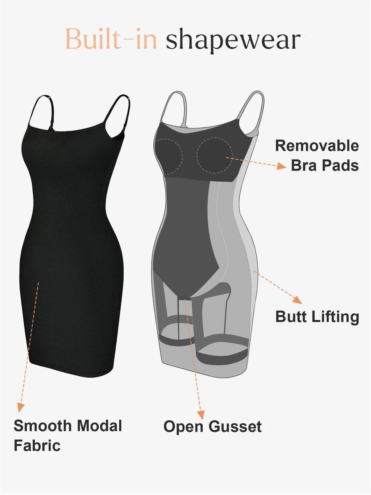 Built In Bra and Shapewear Black One Piece Short Dress (Black)
