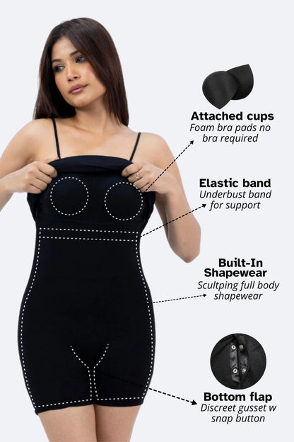 Built In Bra and Shapewear Black One Piece Long Dress (Black)